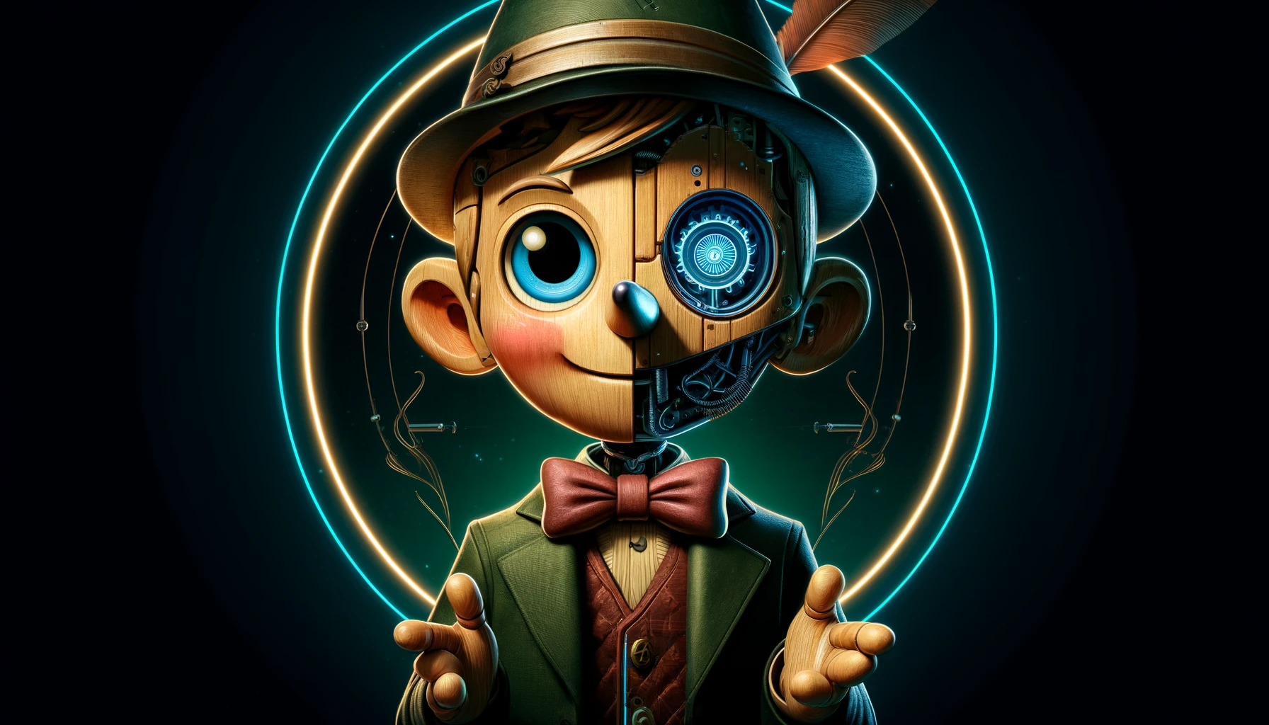 Engrenagens e circuitos representando a indústria de inteligência artificial com um véu de mistério